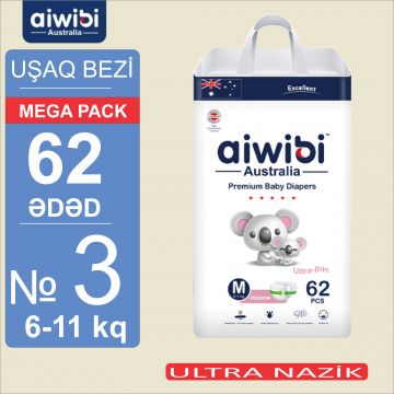 Uşaq bezləri AIWIBI Premium. M (6-11kq). 62 ədəd. Детские подгузники AIWIBI Premium. M (6-11кг). 62 штук. 