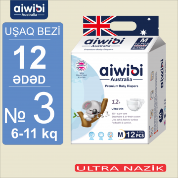 Uşaq bezləri AIWIBI Premium. M (6-11kq). 12 ədəd. Детские подгузники AIWIBI Premium. M (6-11кг). 12 штук.